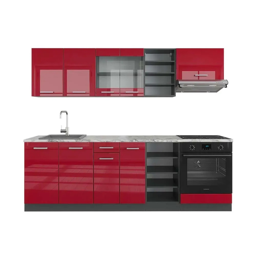 Vicco R-Line Küchenzeile Bordeaux Hochglanz und Anthrazit mit Marmor-Optik, Breite: 240 cm - Bild 2