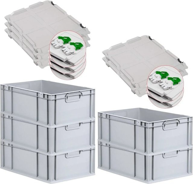 PROREGAL SuperSparSet 5x Eurobox NextGen Grip mit Scharnierdeckel und grünen Schiebeschnappverschlüssen, Grau, H x B x T: 22 x 40 x 60 cm - Bild 1