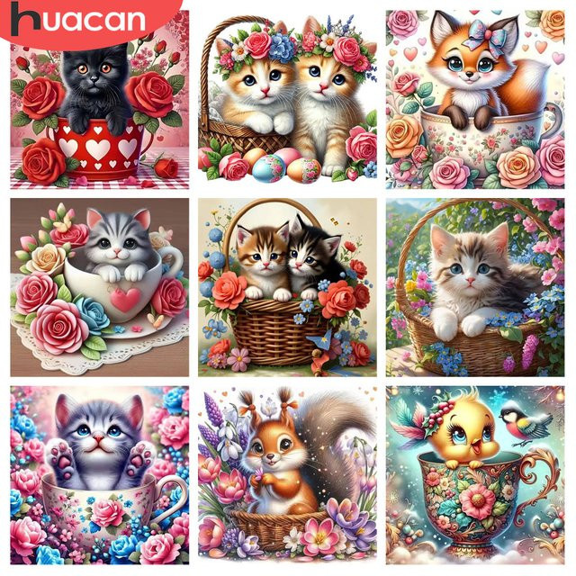 HUACAN Diamond Painting Set Katze und Blumen mit Tasse, 5D DIY Diamant Mosaik in Multicolour, Vollbohrer mit runden Steinen - Bild 1
