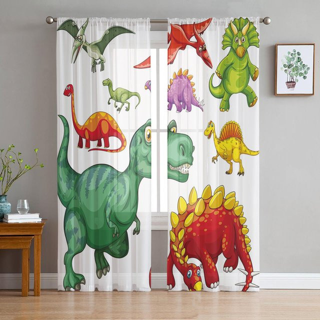 Transparente Tüll-Vorhänge mit Cartoon Dinosaurier Motiv in Weiß, B: 135 cm, H: 115 cm - Bild 1