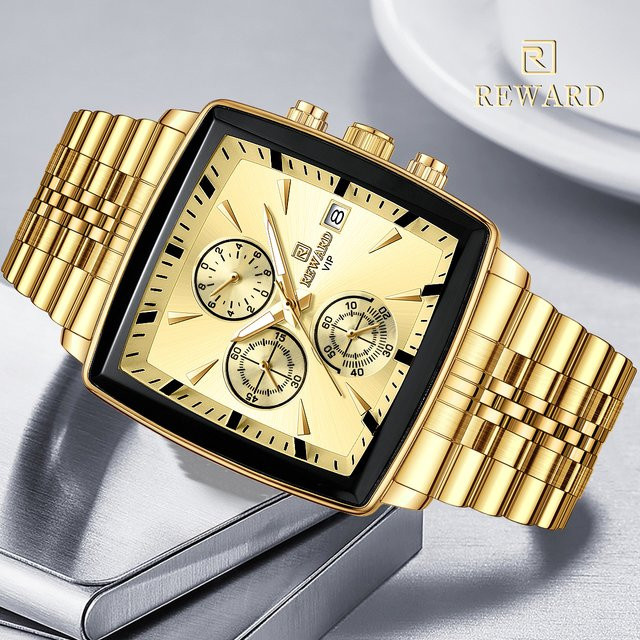 REWARD Armbanduhr, Quarz, Gold, Edelstahl, Rechteckig, Herren, Leuchtzeiger - Bild 1
