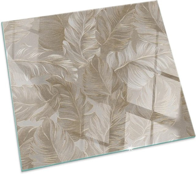 Tulup Funkenschutzplatte aus Glas für Kamin und Öfen mit Blattmuster in Beige, B/B/B: 50 x 50 x 0,4 cm - Bild 1