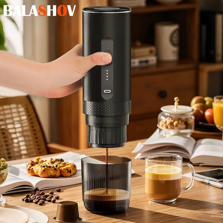 BALASHOV 2-in-1 kabellose elektrische Espressomaschine in Schwarz für Auto, Camping und Reisen zur Nutzung mit Kapseln oder Pulver