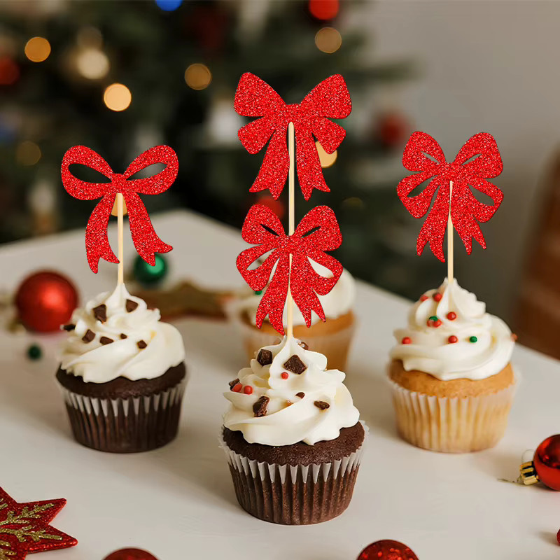 YOMDID 24 Stück Cupcake-Topper mit roten Schleifen als Weihnachts-Kuchendekoration und Partyzubehör - Bild 4