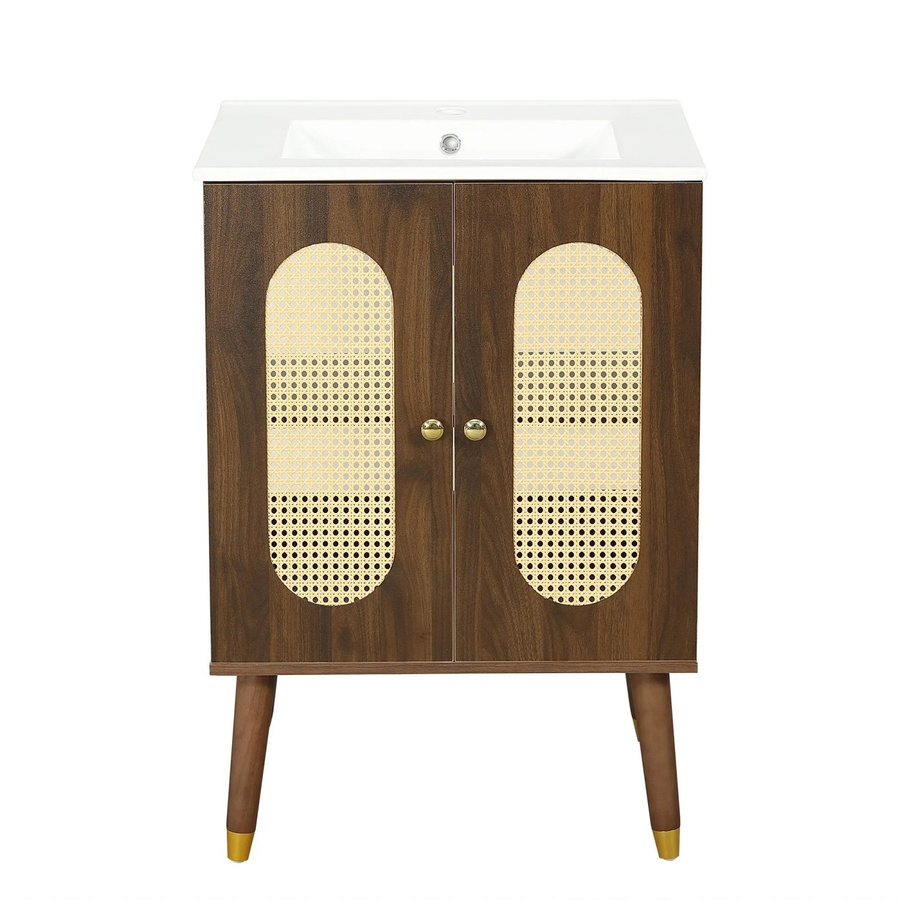 Merax Waschtischunterschrank Boho Design in Walnuss mit Rattan und Keramikbecken, Farbe: Braun, B/T/H: 61 x 47 x 89 cm - Bild 2