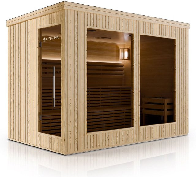 ARTSAUNA Outdoor Sauna Visby300 aus WPC in Natur mit 12 kW Saunaofen, Hemlockholz, LED-Beleuchtung, Bluetooth-Soundsystem und zweistufiger Bank für 6-8 Personen - Bild 1