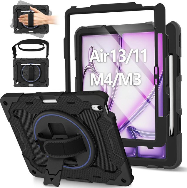 Robuste Schutzhülle für iPad Air 11 und 13 (M4 2026) mit drehbarem Ständer und Hand-Schultergurt, Schwarz - Bild 1