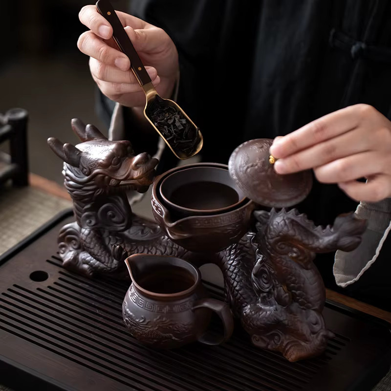 WENZHE Kreatives Lazy Tea Set aus Keramik in Braun mit halbautomatischer Drachen-Teekanne und magnetisch rotierendem Wasserablauf für chinesisches Kung-Fu-Tee - Bild 2