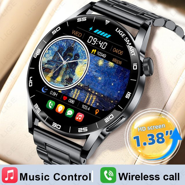 LIGE Smartwatch für Herren und Damen mit Bluetooth-Anruffunktion, Herzfrequenzmesser und IP68 wasserdicht, in Schwarz oder Gold - Bild 1