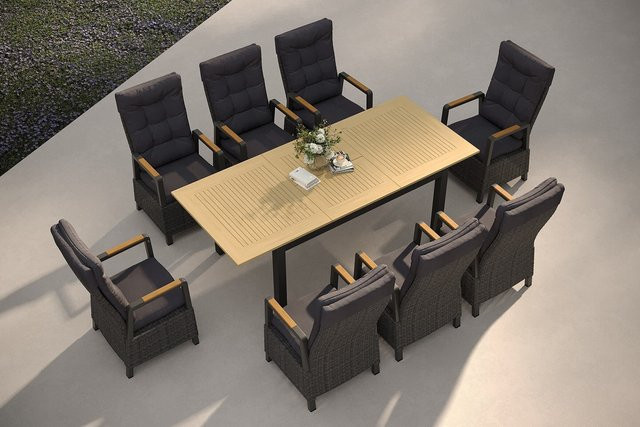 Hartman Nova Garten-Essgruppe aus Alu, Polyrattan und Teak mit 8 Sesseln in Anthrazit und Grau, Tisch B: 90 cm, T: 150-210 cm, H: 75 cm, FSC-zertifiziert - Bild 1