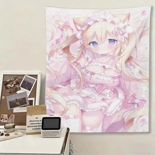 VIKAMA Vintage Wandteppich mit Kaninchen und Tulpen in Pink, Boho Wandkunst für Schlafzimmer und Wohnzimmer, B/H: 40 x 60 cm - Bild 1