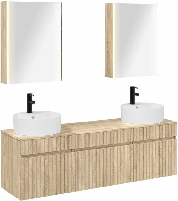 vidaXL Badezimmerschrank-Set 5-teilig in Sonoma-Eiche, inklusive Waschtischunterschrank und Spiegelschrank mit LED-Beleuchtung, Braun, B: 53 cm, T: 15,5 cm, H: 70 cm - Bild 1