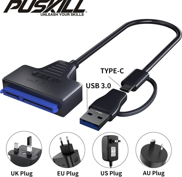PUSKILL USB 3.0 zu SATA und Typ-C Adapter für 2.5 und 3.5 Zoll SSD HDD mit 12V/2A Netzteil in Schwarz - Bild 1