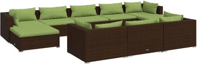 vidaXL 10-tlg. Garten-Lounge-Set in L-Form mit Kissen, Braun und Grün, Poly-Rattan und Metallgestell - Bild 1