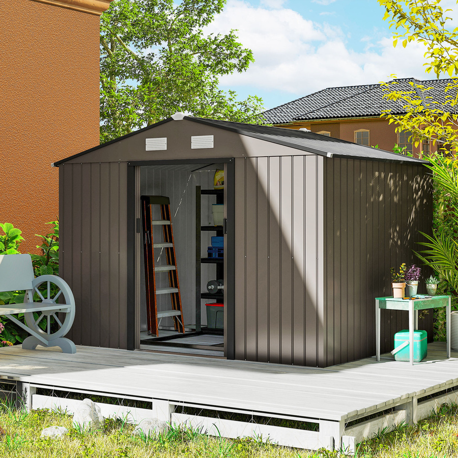 Outsunny Gartenhaus aus verzinktem Stahl mit Fundament-Kit, Geräteschuppen mit abschließbaren Schiebetüren und 4 Belüftungen, braun, B/T/H: 277 x 195 x 192 cm, Aosom - Bild 2