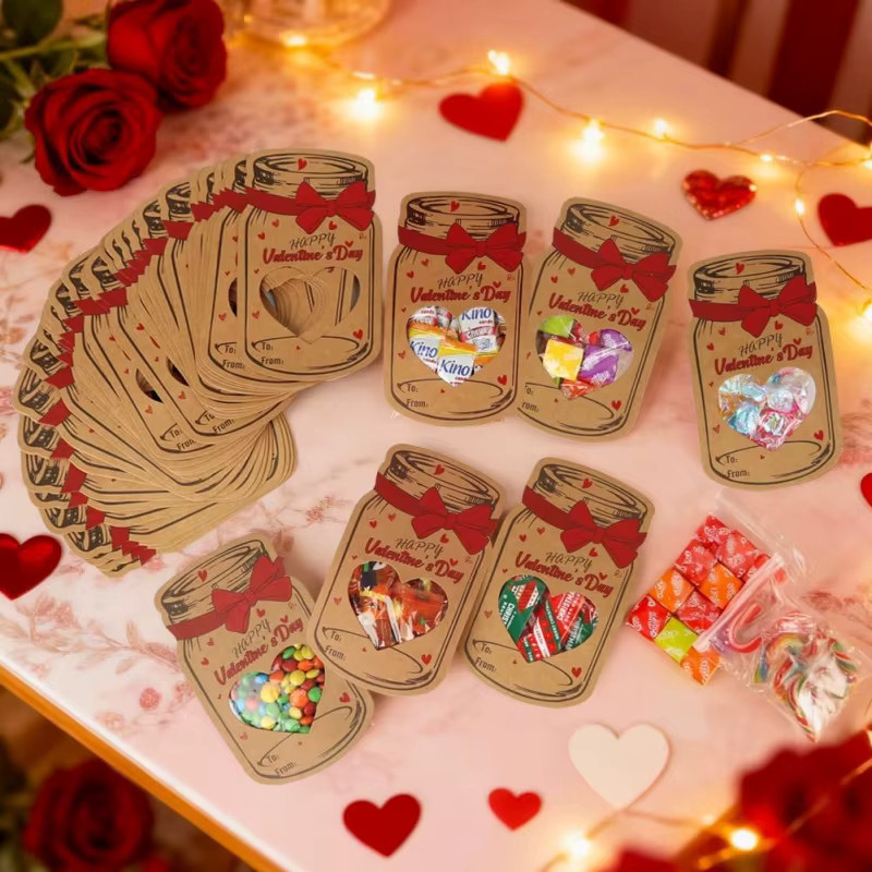 24 Stück Valentinstagskarten in Blau aus Kraftpapier mit Herzfenster und Leckerlibeuteln im Einmachglas-Design als personalisiertes Geschenk - Bild 6