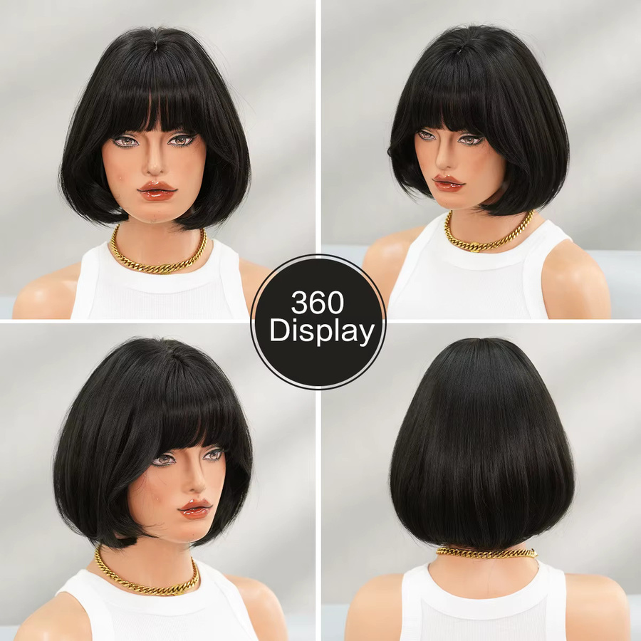 7JHH WIGS Bob-Perücke für Damen, schwarz, synthetisch, mit Pony - Bild 2