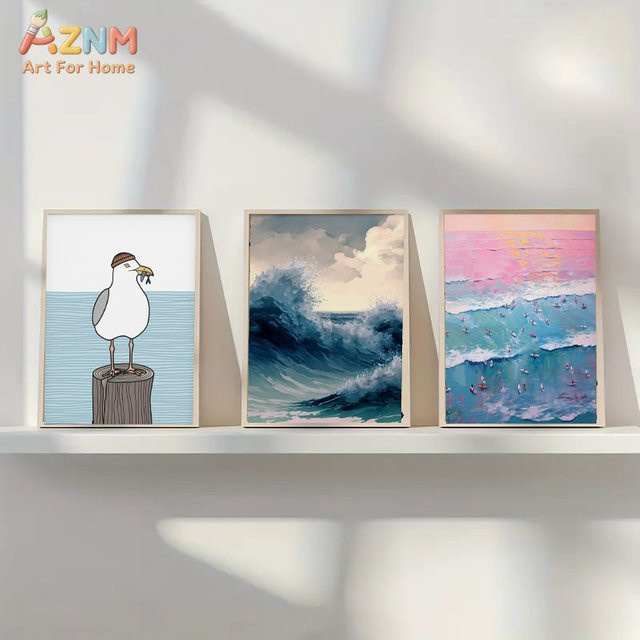 AZNM Ungerahmte Leinwand-Wandkunst mit Küsten- und Ozeanmotiv, moderner Seemöwen-Wellen-Strand-Druck in Mehrfarbig, nautisches Meereslandschafts-Gemälde-Poster für dein Wohnzimmer - Bild 1