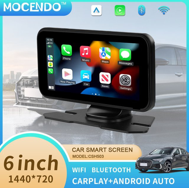 MOCENDO Tragbarer Auto-Multimedia-Videoplayer mit 6 Zoll Touchscreen, Kabelloses CarPlay und Android Auto, Universelles Auto-Stereoradio in Schwarz - Bild 1