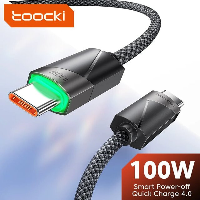 Toocki USB-C auf USB-C Datenkabel mit 100W PD Schnellladefunktion und Smart Power-Off in Schwarz oder Grau - Bild 1
