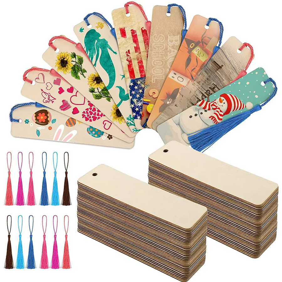 Holz-Lesezeichen als leere Hängeetiketten für DIY-Handwerk mit Quasten und Seilen - Bild 4