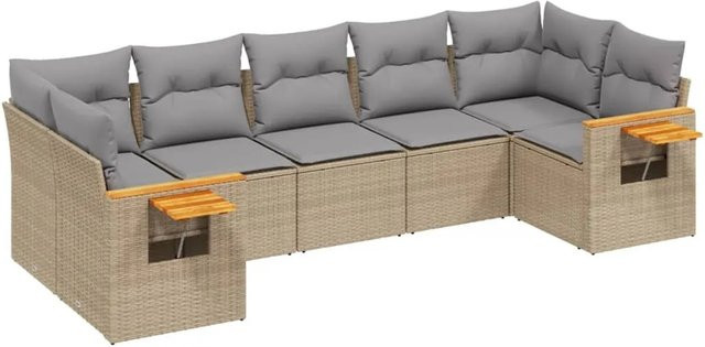 vidaXL 7-tlg Garten-Sofagarnitur in L-Form aus Poly-Rattan und Akazienholz in Beige mit Kissen - Bild 1
