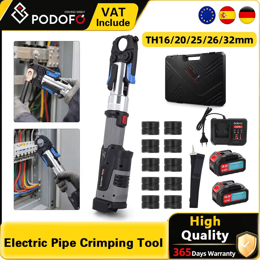 Podofo 18V Akku-Hydraulik-Rohrcrimpzange mit Bürstenmotor und 5 Pressbacken für TH16/20/25/26/32mm in Schwarz für Kupferrohrfittings und Mehrschicht-PEX-Rohre - Bild 2