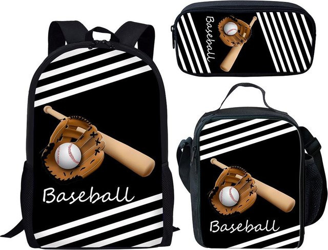 3er-Set Schultaschen von Fancy Style Studio mit 3D-Druck Motiv Basketball Fußball Baseball in Schwarz bestehend aus Rucksack, Lunchtasche und Federmäppchen - Bild 1