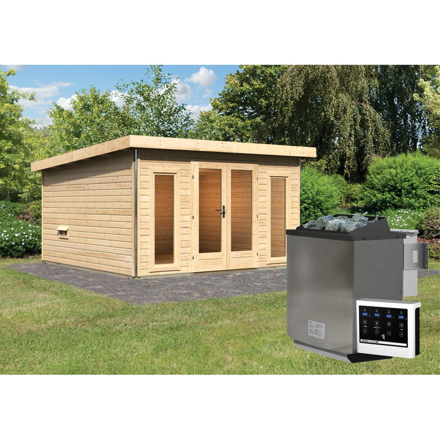 Karibu Saunahaus Magnus 3 Set aus Fichte in Natur mit 9 kW Bio Ofen und externer Steuerung - Bild 2