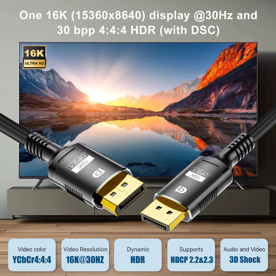 FDBRO DisplayPort 2.1 Kabel in Schwarz für 16K, 8K@120Hz und 4K@240Hz mit 80Gbps und HDR für Gaming Monitor, Laptop und Projektor - Bild 6