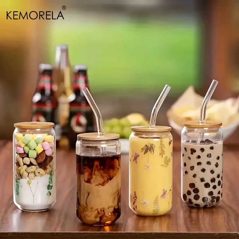 KEMORELA Glas-Tumbler Set mit auslaufsicheren Deckeln, Trinkhalmen und Reinigungsbürsten, transparent, 500 ml - Bild 4