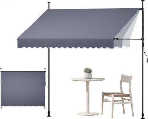 VEVOR Klemmmarkise mit Handkurbel, Höhenverstellbare Terrassenmarkise aus Polyester und Stahl, Sonnenschutz UPF 50+, Dunkelgrau, Breite: 300 cm, Höhe: 210 cm, Tiefe: 110 cm