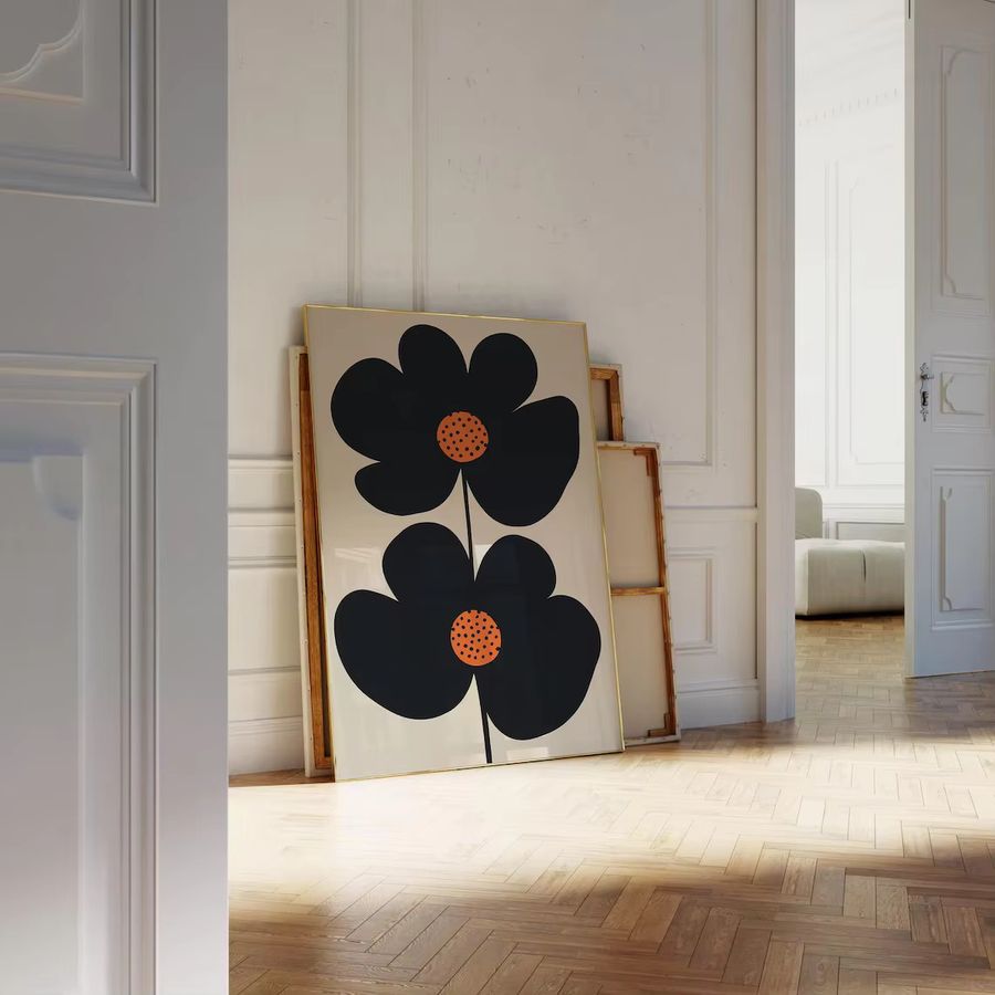 SHENCHEN Mid-Century Modern Minimalist Floral Art Print mit schwarzem Doppelblumen-Design und orangefarbenen Polka-Dots im Portraitformat - Bild 4