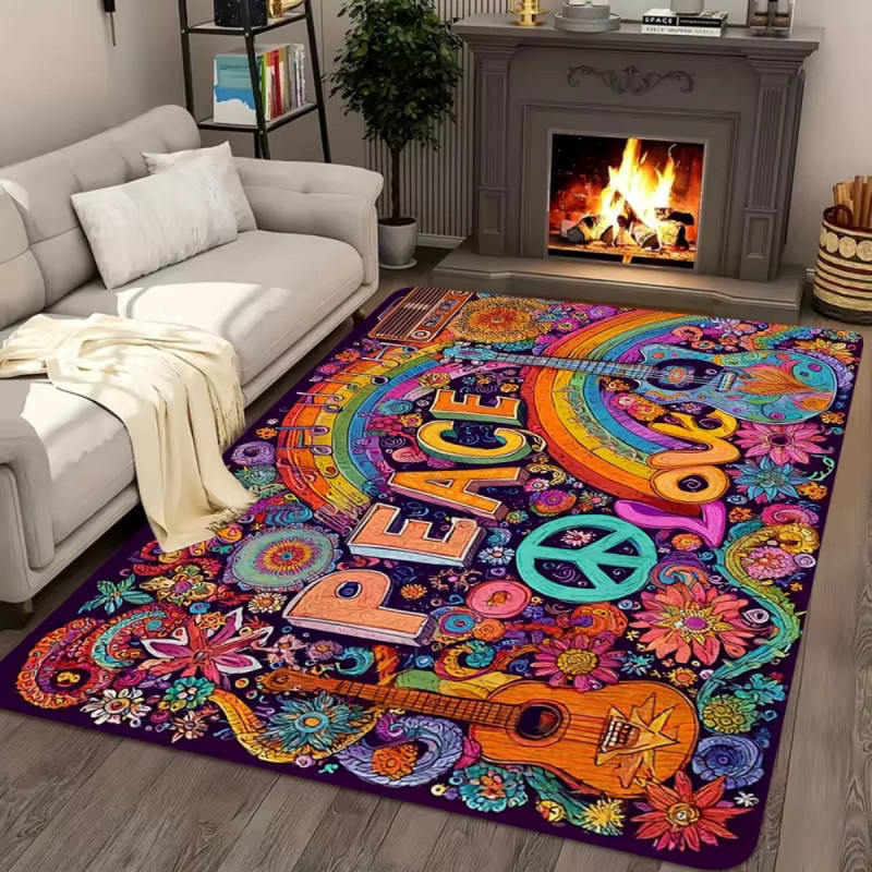 VIKAMA Hippie Peace & Love Teppich, bunter Boho-Teppich mit Regenbogen- und Gitarren-Print, rutschfest und waschbar, Multicolour - Bild 2
