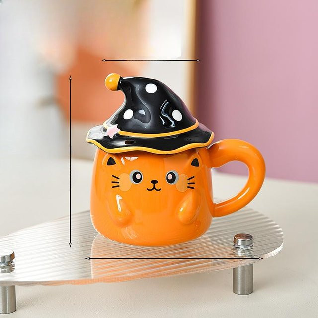 Keramiktasse mit Deckel im Katzen- und Geister-Design von Yiran Bag, Schwarz, 380 ml - Bild 1