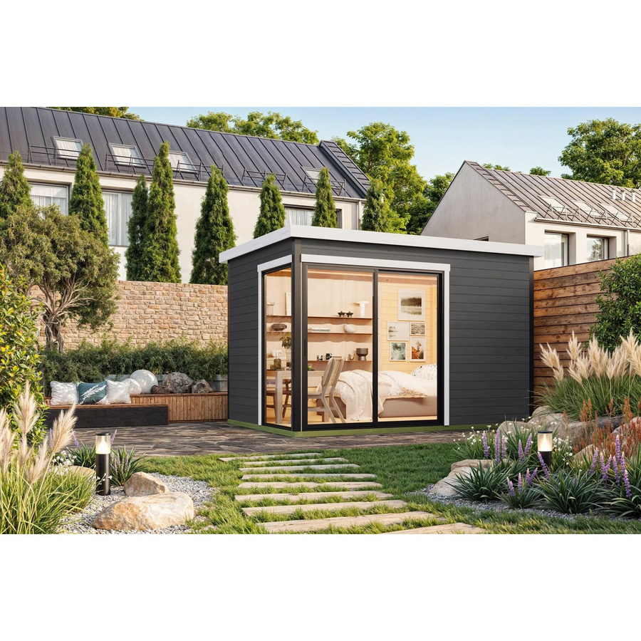 Lasita Blockbohlenhaus Austin Gartenhaus mit Flachdach in Carbongrau lasiert, B/H/T: 360 x 239,4 x 240 cm - Bild 2