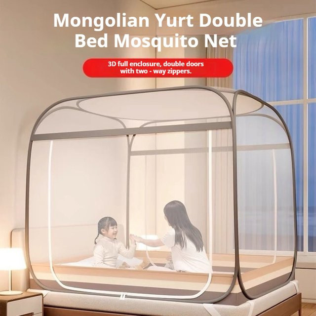 Mongolisches Jurte-Doppelbett für Babys mit Moskitonetz und Bettwäsche, Blau-Weiß, B/T/H: 120 x 200 cm - Bild 1