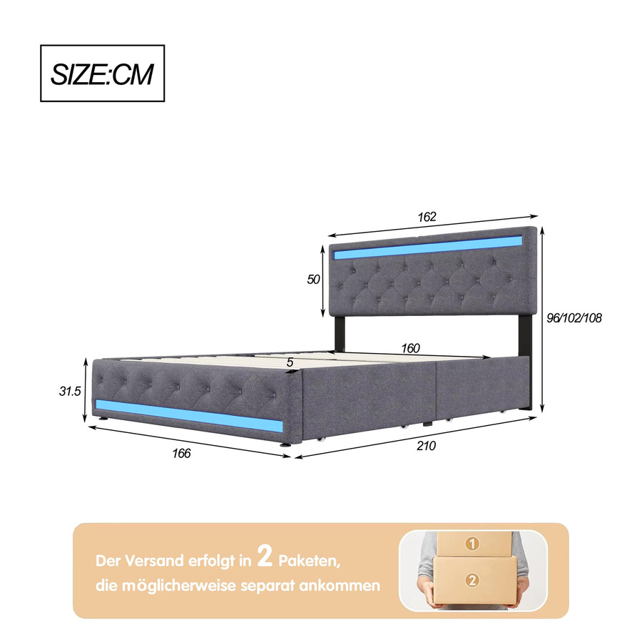 Comanlai Polsterbett aus Leinen mit 4 Schubladen, LED-Lichtleiste und USB-Ladeanschluss, Dunkelgrau, B/T: 160 x 200 cm - Bild 4