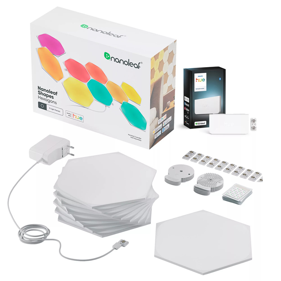 Philips Hue Hexagon Starter-Set mit 9 Panels und Wandleuchtenmodul, RGB Lichtgestaltung in Weiß - Bild 1