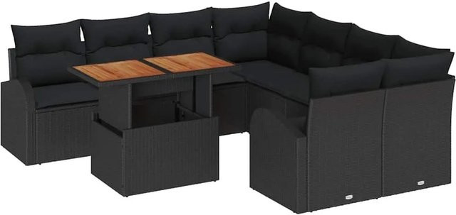 vidaXL Garten-Sofa-Set in Schwarz, 9-teiliges L-Shape Lounge-Set mit Kissen für Garten, Terrasse und Balkon - Bild 1