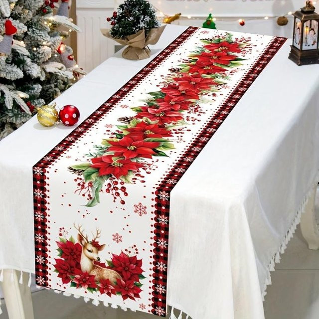 JMG Household Supplies Weihnachts-Tischläufer aus Leinen in Weiß mit Elch- und Schneeflocken-Motiv, Breite: 33 cm, Länge: 150 cm - Bild 1