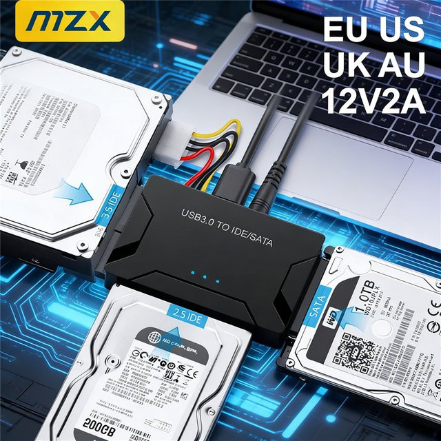 MZX USB 3.0 zu SATA IDE Konverter Adapter für 2,5 Zoll und 3,5 Zoll Festplatten, Schwarz - Bild 1