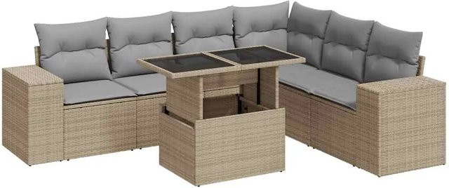 vidaXL 7-teilige Garten-Sofagarnitur in L-Form aus Poly-Rattan mit Kissen in Beige-Grau - Bild 1