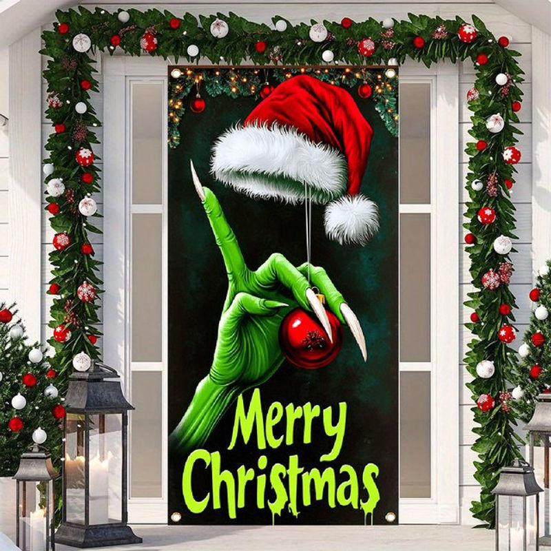 Weihnachts-Türdeko Frohe Weihnachten mit Elf-Motiv in Grün und Mehrfarbig, Vinyl-Hintergrund für Party und Veranda, B/H: 180 x 90 cm - Bild 1