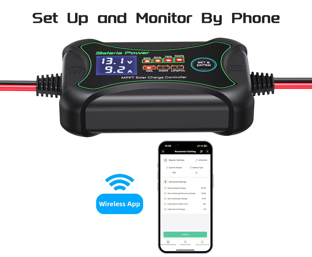 Bateria Power MPPT Solar-Laderegler 10A mit Bluetooth-App-Steuerung für 12 Volt in Schwarz - Bild 3