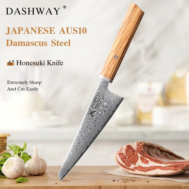 DASHWAY Honesuki Allzweckmesser aus Damaszener Stahl mit Holzgriff, handgefertigtes Profi-Küchenmesser für Fleisch und Obst, 15,24 cm - Bild 1