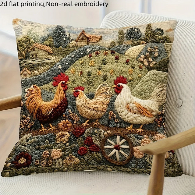 VIKAMA Sofakissenbezug im Farmhouse-Stil mit Hühner- und Landschaftsdesign, quadratisch, Mehrfarbig, B/H: 40 x 40 cm - Bild 1