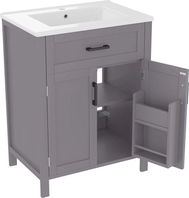 PXloue Badmöbel-Set mit Keramikwaschbecken in Grau, moderner bodenstehender Waschtisch mit Schränken und Schubladen - Bild 1