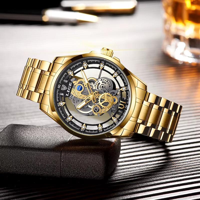LIGE Armbanduhr Skeleton, Quarz, Gold, Leder, Herren - Bild 4