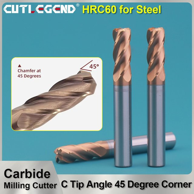 HRC60 C-Spitzenwinkel 45 Grad Eckenfase Fräser zum Entgraten, Hartmetall CNC-Werkzeug für Stahldurchmesser 3–12 mm, Farbe: Silber - Bild 1